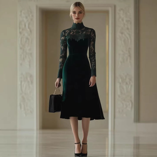 Vintage Velvet Stitched Lace High-Neck Long-Sleeve Midi Dress