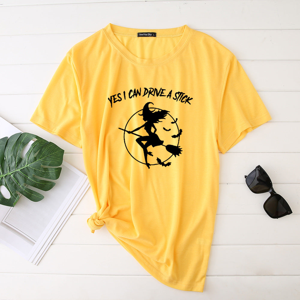 Flying Witch Print Crew Neck Short Sleeve T-Shirt