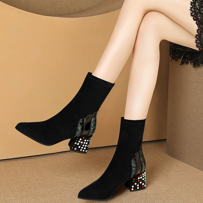 Women's Rhinestone Pointed Toe And Velvet High-heeled Ankle Boots