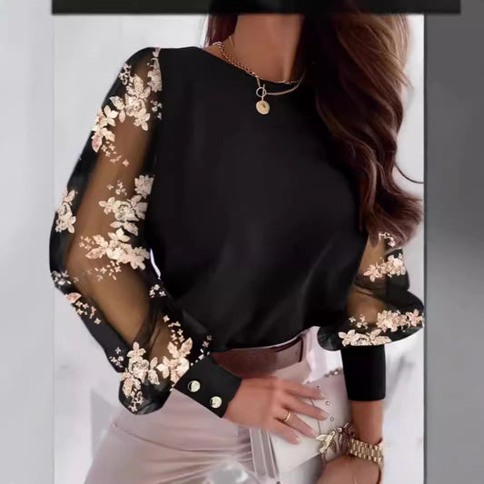 Long Sleeve Fashion Round Neck Petal Sleeve Shirt
