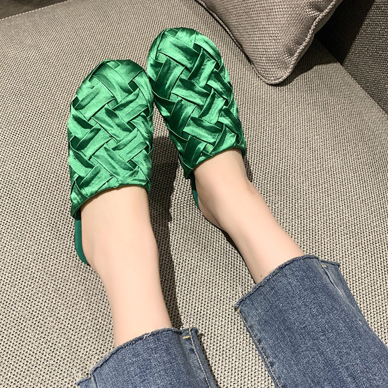 Satin Cloth Covered Head Lazy Half Slippers Flat Heel