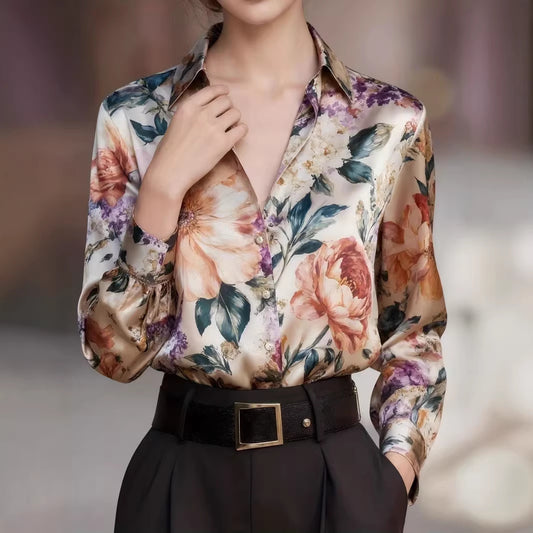 Simulated Silk Loose-Fit Oil Painting Print Summer Long-Sleeve Shirt