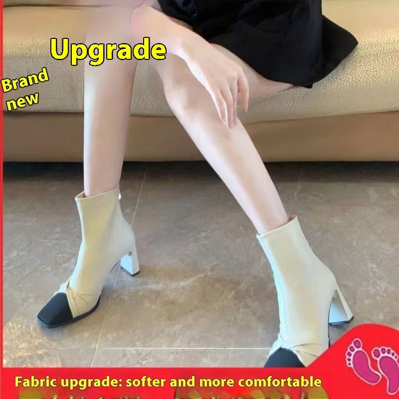White Chunky Heels Bow Color Matching High Heel Boots