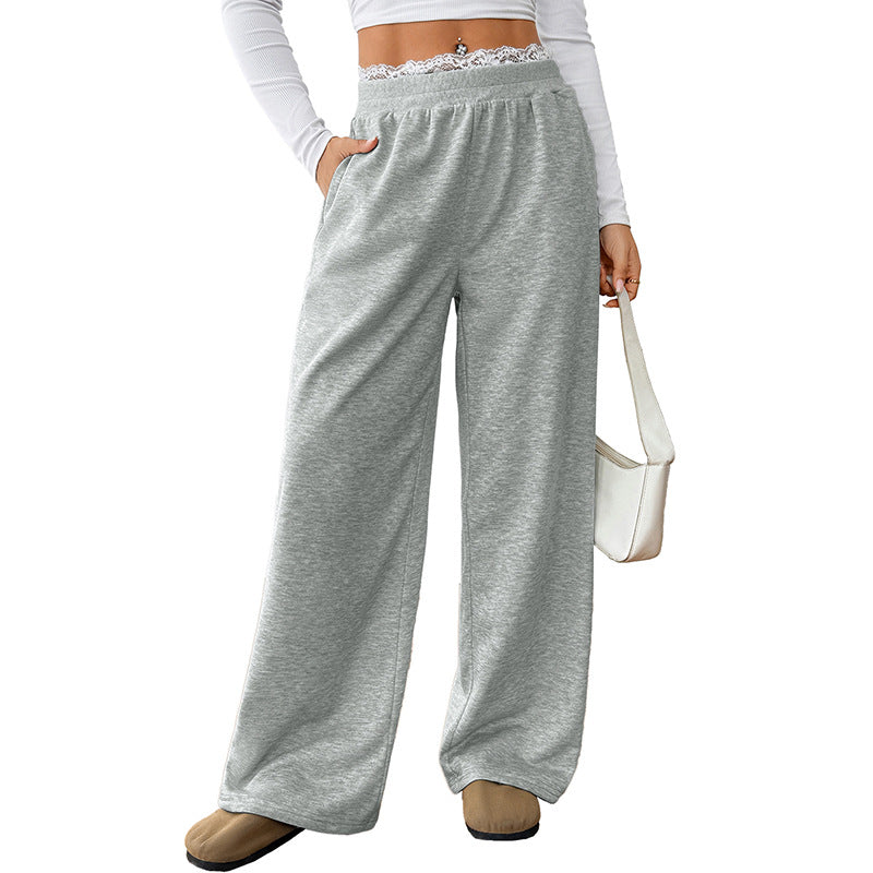 Lace Stitching Fake Two Pieces Casual Straight Trousers Women
