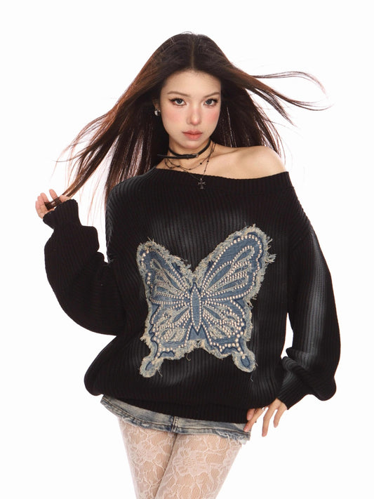 Women's Embroidered Butterfly Shoulder Sweater