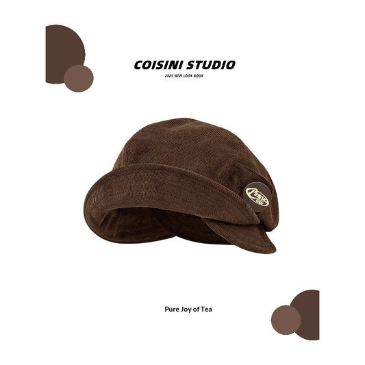 Japanese-style Retro Brown Corduroy Fishermans Hat With A Folded Brim