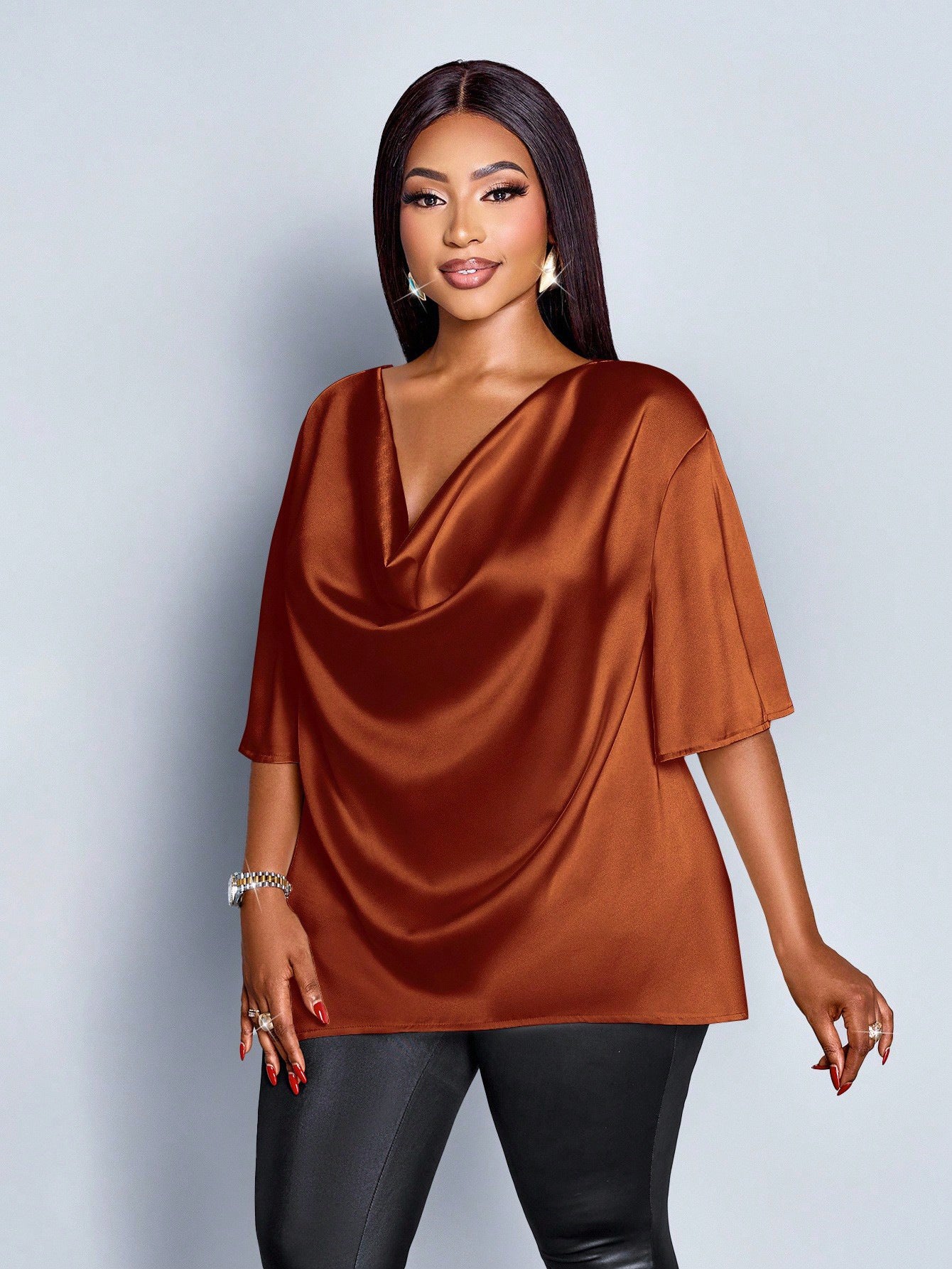 New Relaxed-fit Casual V-neck Mid-sleeve Long-sleeve Solid-color Chiffon Top