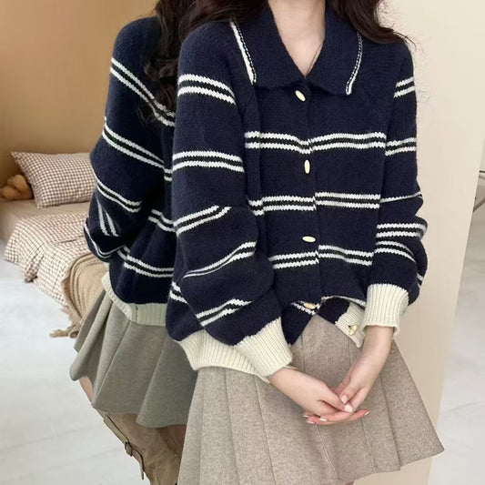 Korean Style Contrast Color Striped Lapel Sweater Cardigan