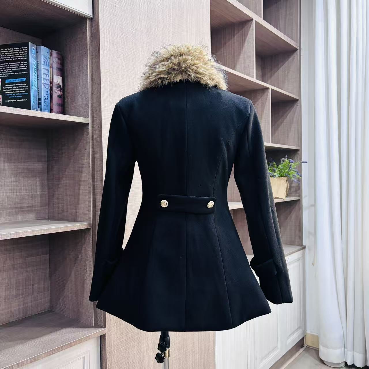 Black Vintage Coat With A Large Fur Collar