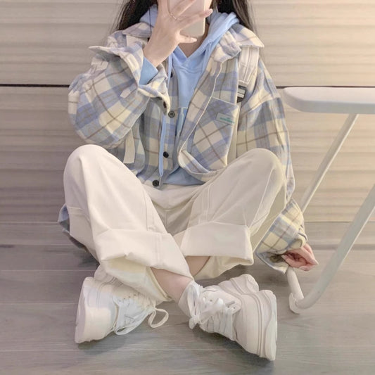 Female College Style Lazy Brushed Plaid Shirt