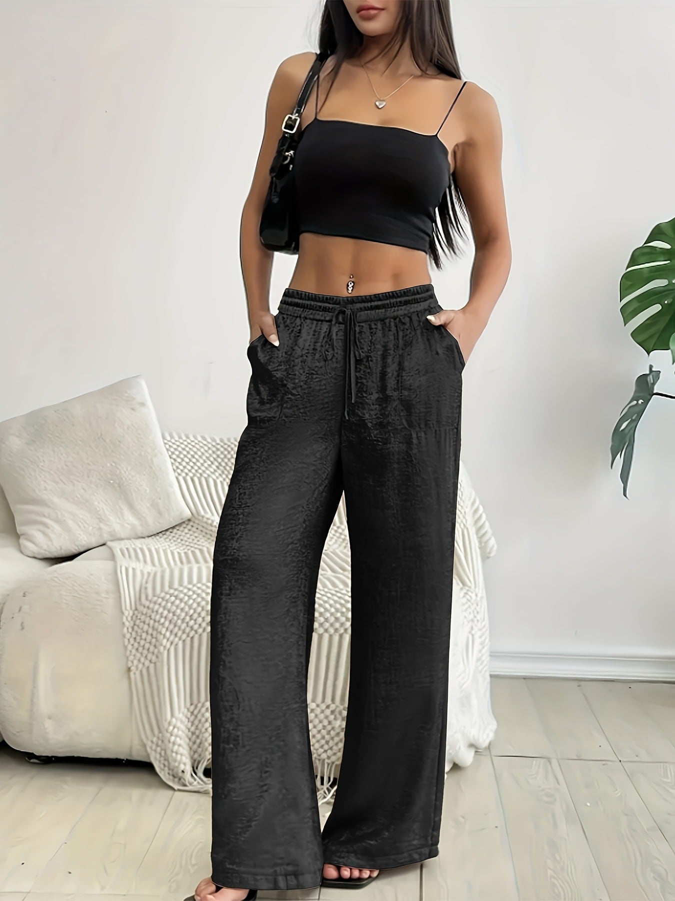 Stylish Straight-Leg Pants With Gold-Stamped Sequins And A Drawstring