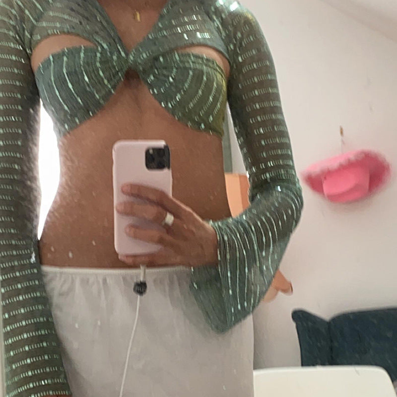 Pure Color Sequins Pullover Long Sleeve Tied Backless Gauzy
