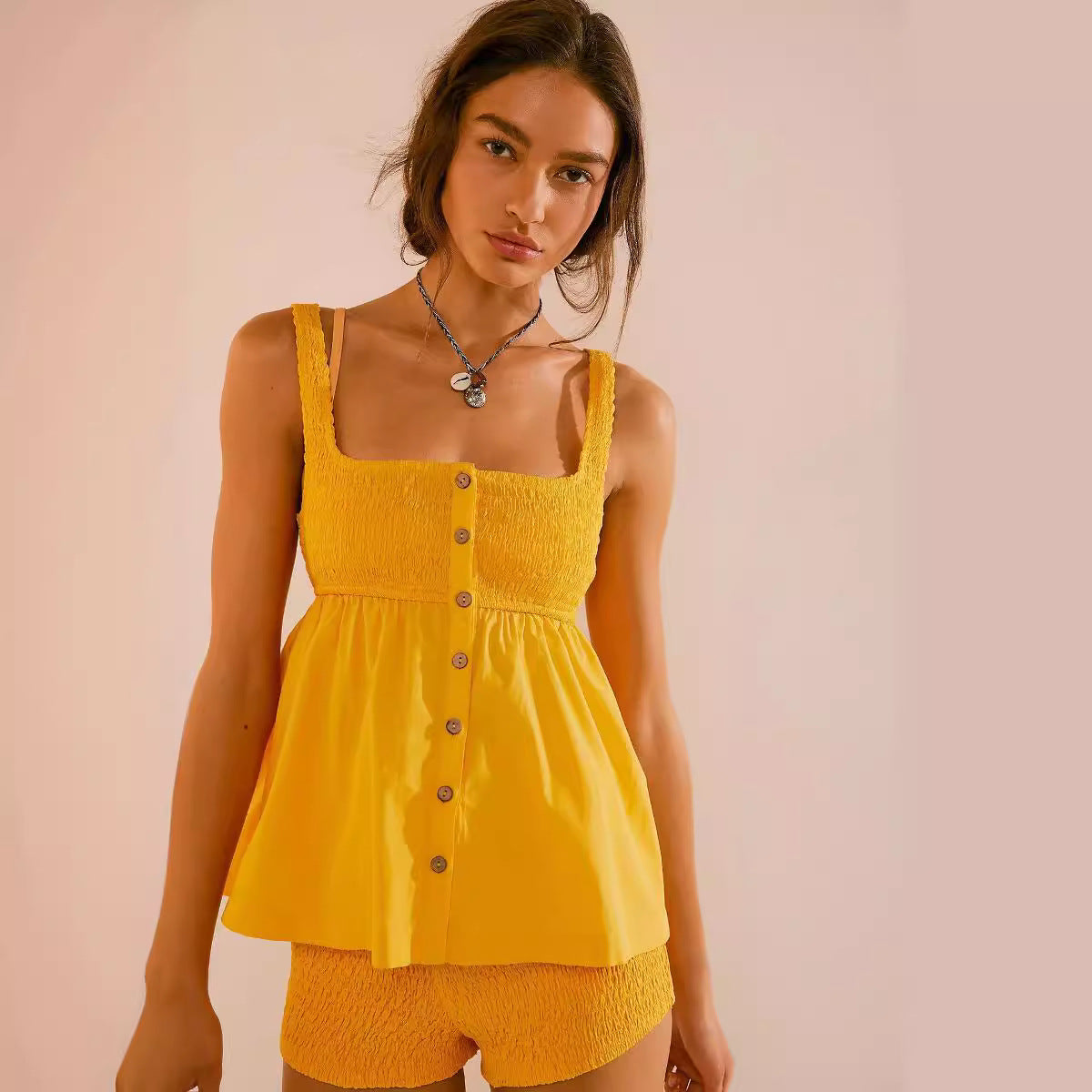 Womens Solid-Colored Suspender Ruched Button-Up Set