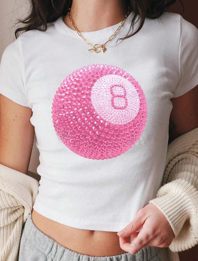 European And American No 8 Ball Letter Print Slim Fashion Short Top