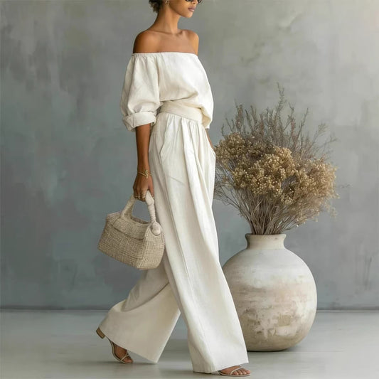 Casual Two-Piece Womens Outfit Off-Shoulder Top And Wide-Leg Pants Set