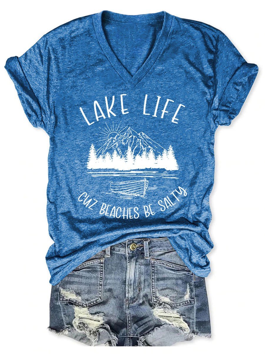 Europe And America Spring And Summer Solid Color Printing T-shirt V-neck Pullover