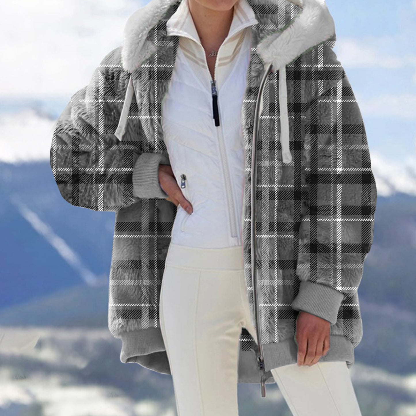Plush Printed And Dyed Zipper Hooded Coat For Women