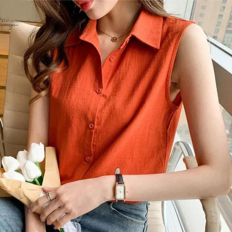 Summer Solid Color Sleeveless Button Shirt
