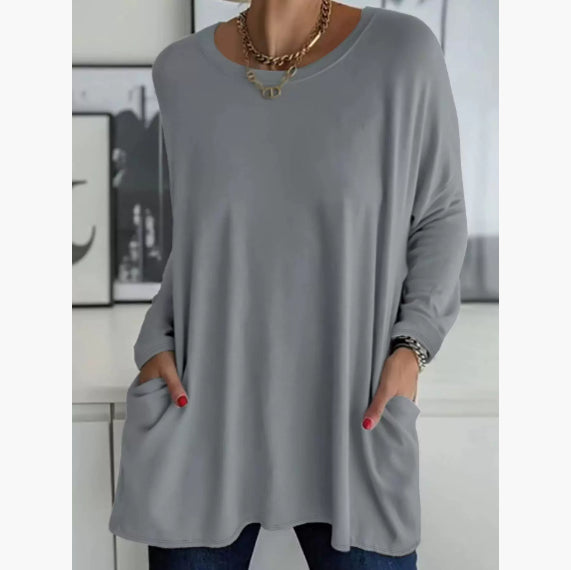 Spring And Summer New Round Neck Long Sleeve Loose Pockets Solid Color