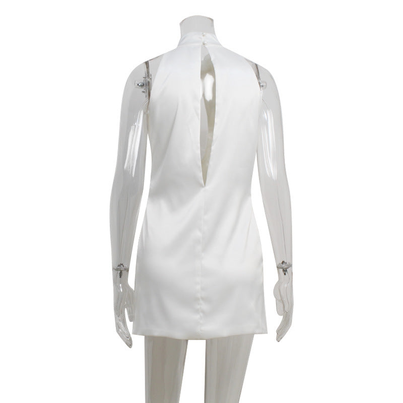 Elegant Sleeveless Halterneck Dress With A Minimalist Solid-color Design And A Cutout Detail At The Chest