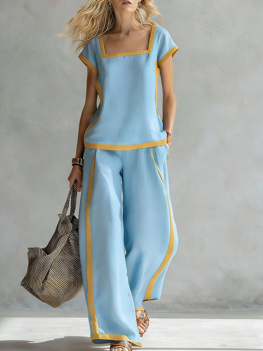 Womens Square-Neck Short-Sleeve Casual Loose Top And Pants Set
