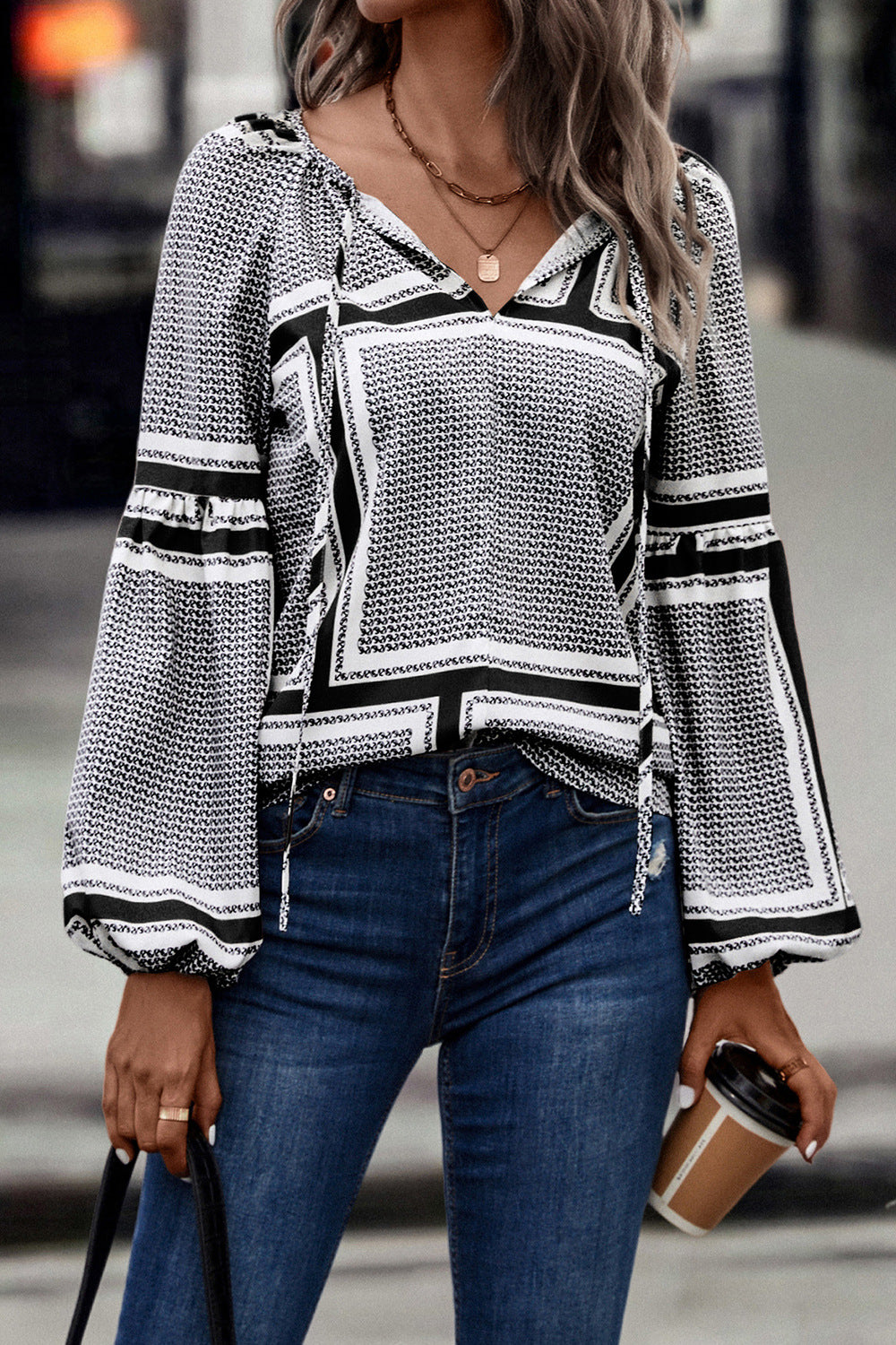 Fashion Lantern Sleeve Printed Shirt Women's Clothing