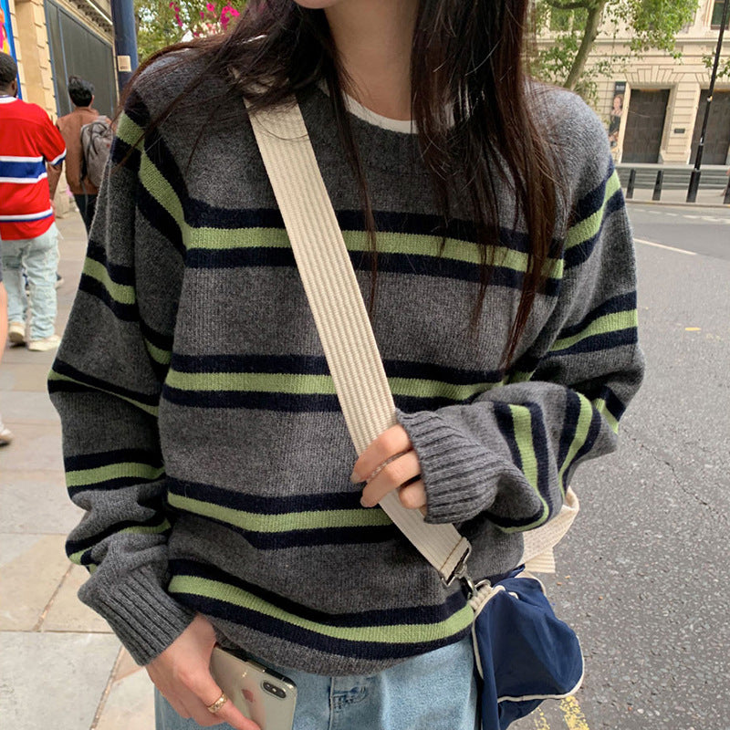 Striped Contrast Color Round Neck Pullover All-matching Knitwear Sweater