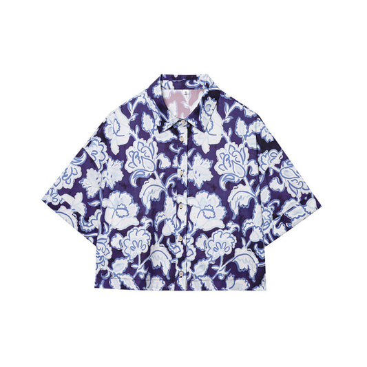 Flower Print Short Shirt Pants Suit