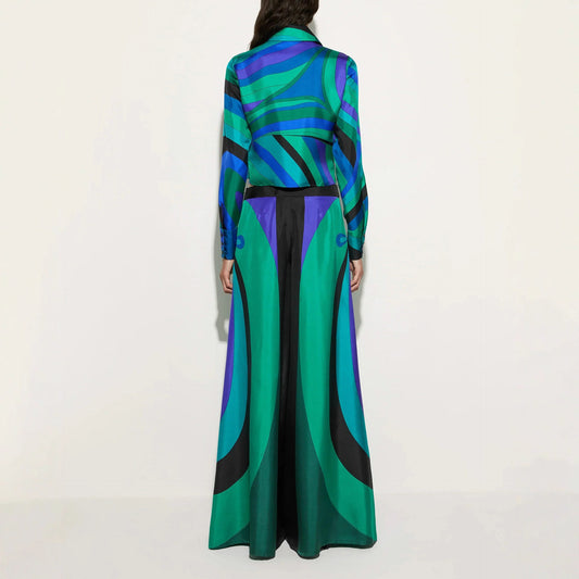 Printed Satin Long Sleeve Shirt And Wide-leg Pants Two-piece Set