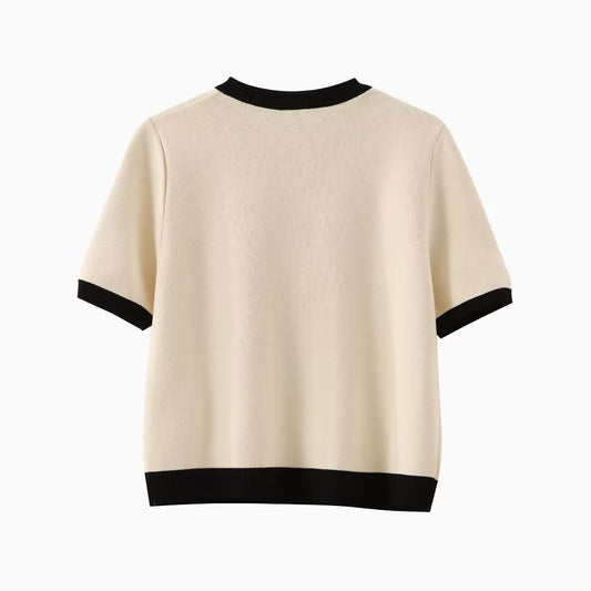 Fashion Color Contrast Round Neck Short Sleeve Knitted Cardigan