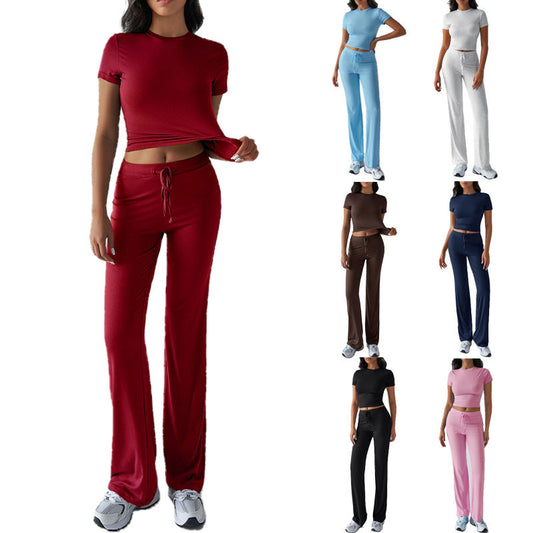 SpringSummer Elegant Solid Color Crew Neck Short Sleeve Top And Pants Set