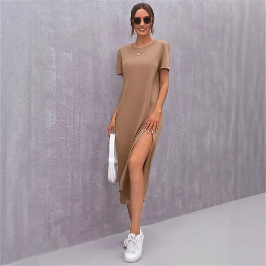 Womens Knitted Short-sleeve Dress With A Round Neck And Side Slit