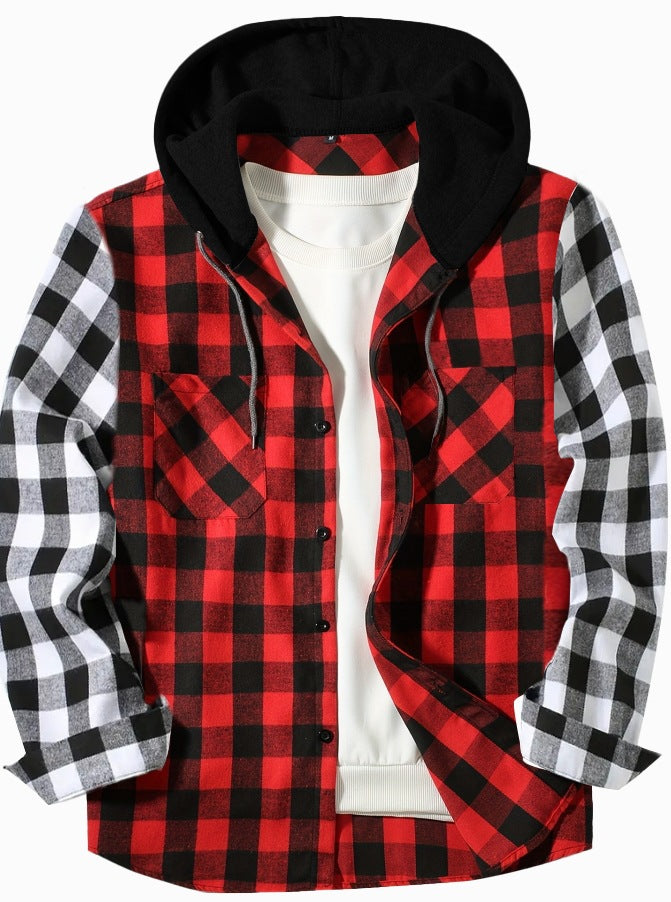 Patchwork Plaid Hooded Long-sleeved Shirt