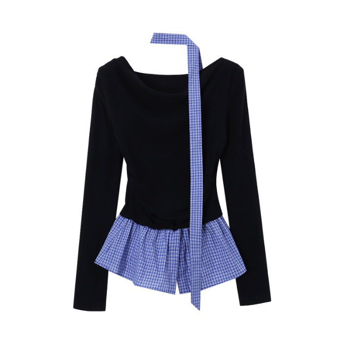 Women's Fake Two-piece Grid Off-shoulder T-shirt