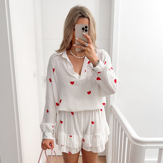 Casual Breathable Home Wear Heart-Printed Long-Sleeve Shorts Pajamas