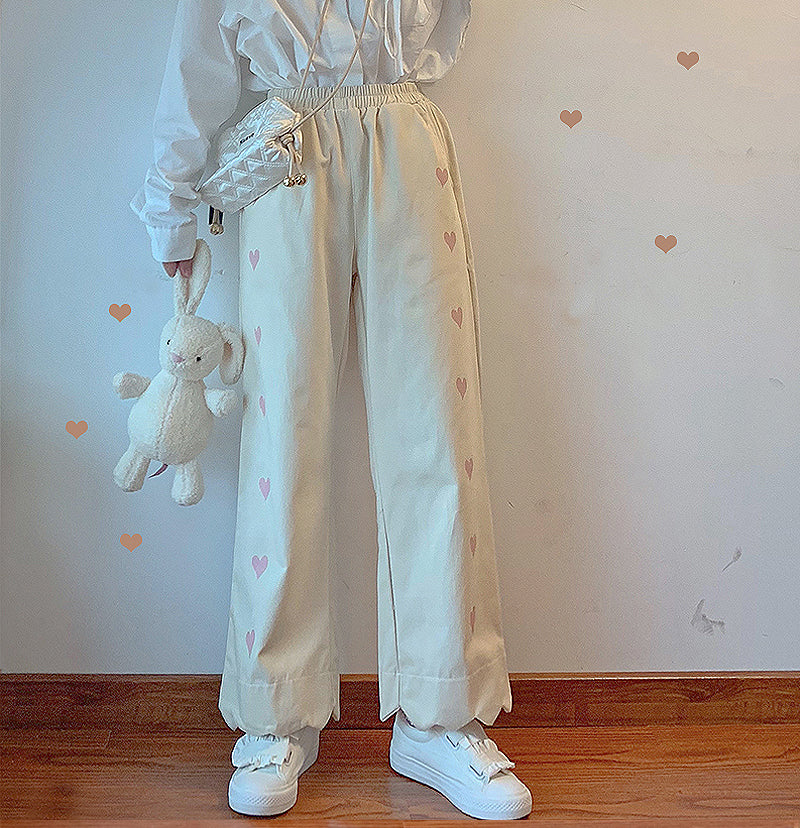 Japanese Soft Girl Ins Tide Love Print Straight Loose Jeans