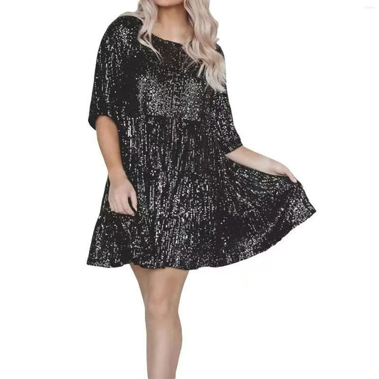 Fashionable Sequins Round Neck Loose Waist Short Sleeves And Skirt Dress
