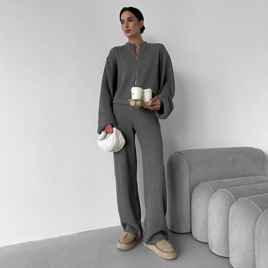 Women's Zipper Jacket And Trousers Casual Suit
