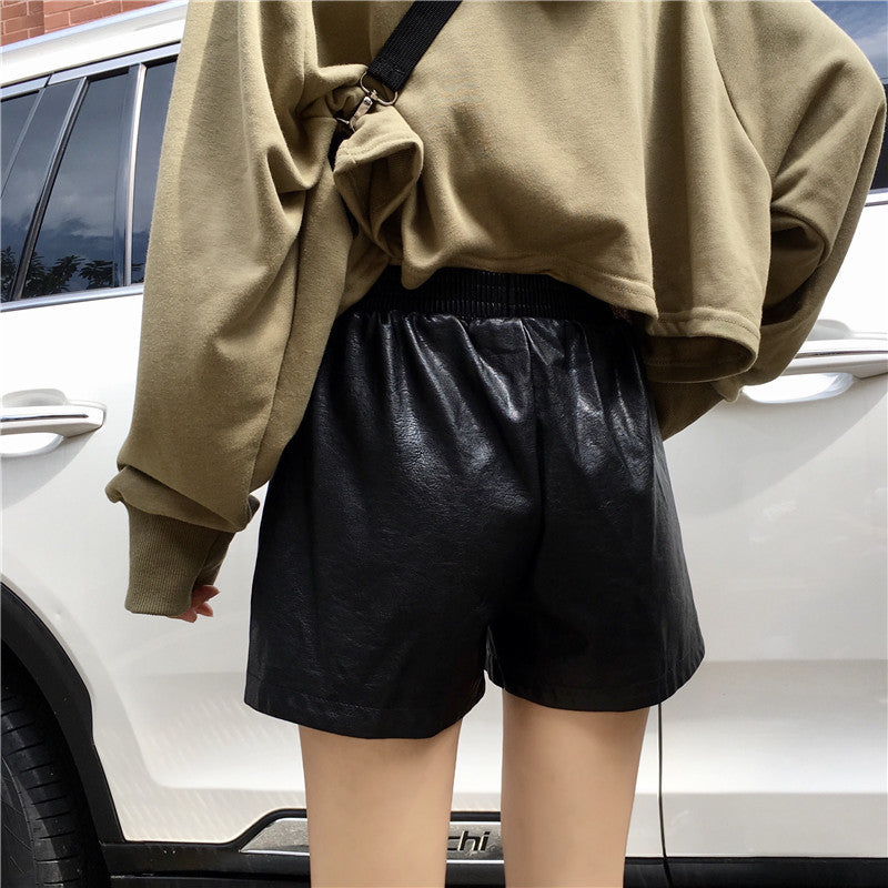 High Waist Small A-line Trendy Wide Leg Pants PU Leather Shorts