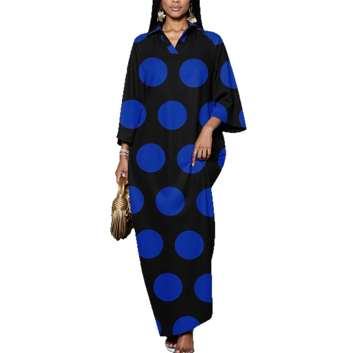 Casual, Chic Polka-dot Print Loose-fitting Dress With Batwing Sleeves For Women