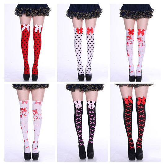Fashion Halloween Candy Color Bowknot Stockings Costume Props