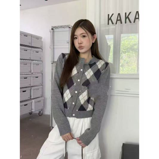 New Fashion Diamond Plaid Round Neck Sweater For Women