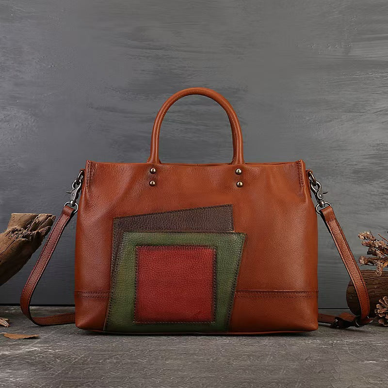 Skuldertaske med stor kapacitet i national stil, trendy patchwork og litterært look til kvinder