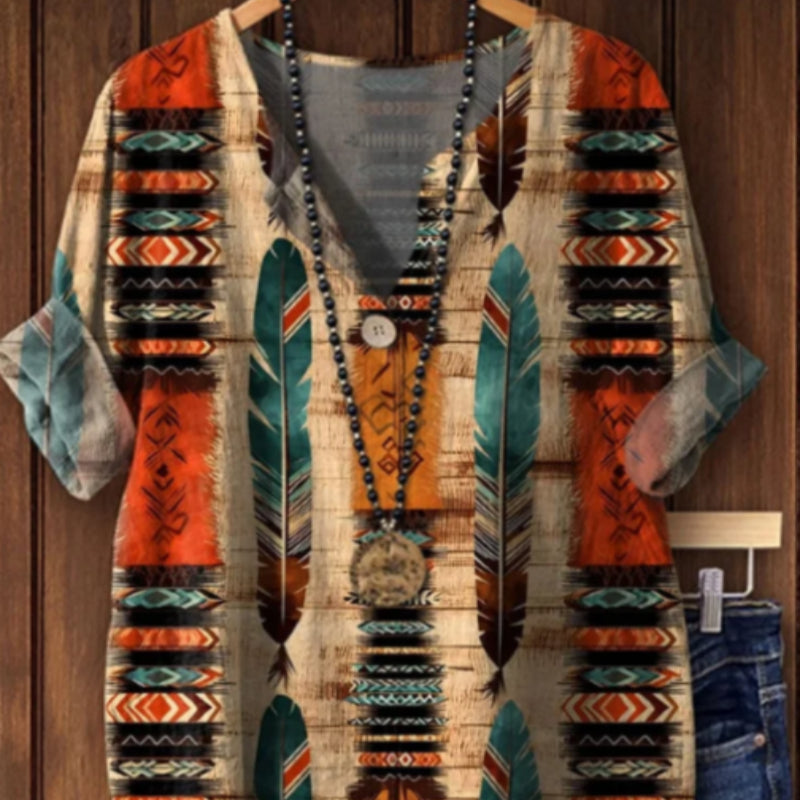 Women's Retro Aztec Feather Art Print Casual Cotton Linen Shirt