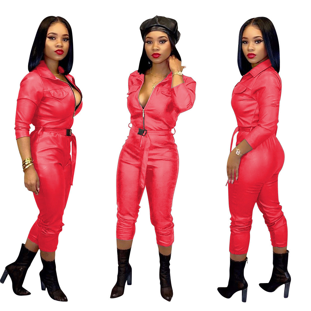 Women's Casual Fashion Solid Color High Elastic Leather Jumpsuit