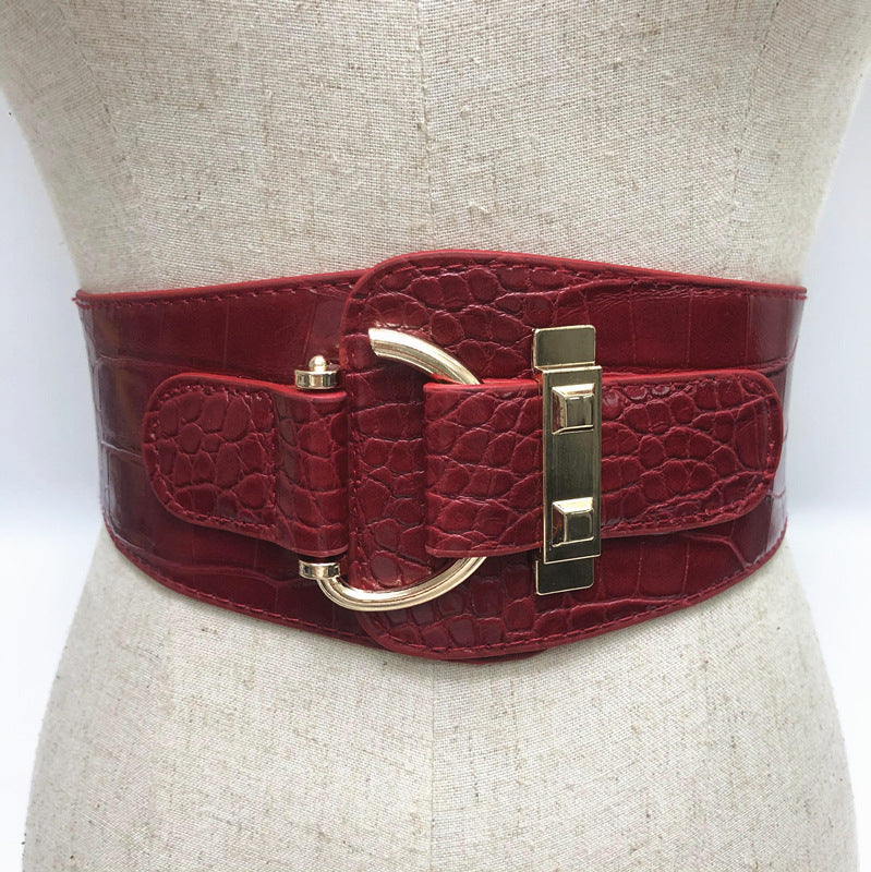 Elastic Wide Pattern Girdle, Patent Leather Women's Metal Buckle Belt