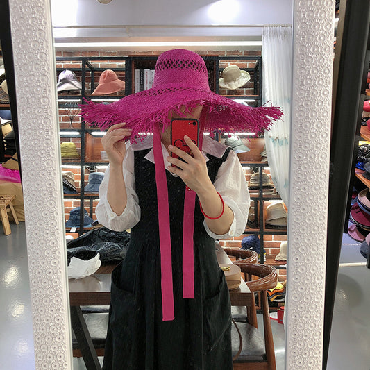 Tassel Big Brim Raffia Hat Colorful Sunshade