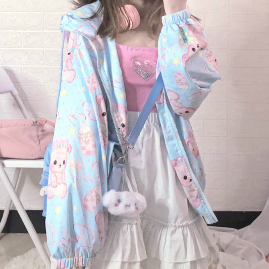Women's Summer Bear Print Hooded Trench Thin Coat