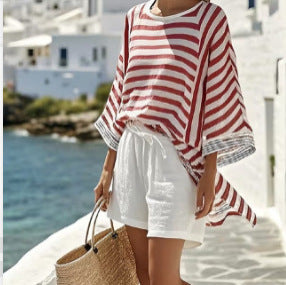 Japanese-style Vertical Stripe Ramie Bamboo Fiber Top Womens Set