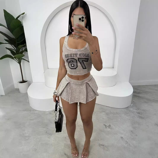 Letter-printed Fitted Short Top And Pleated Short Skirt Set
